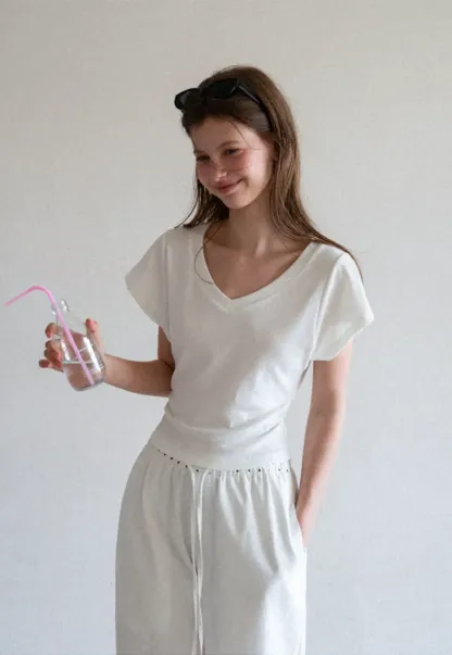 Side Ruched V Neck Short Sleeve T Shirt