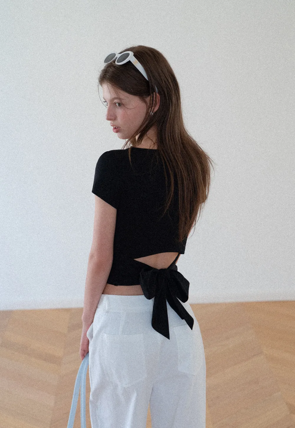 Back Cutout Bow Tie Cropped Tshirt