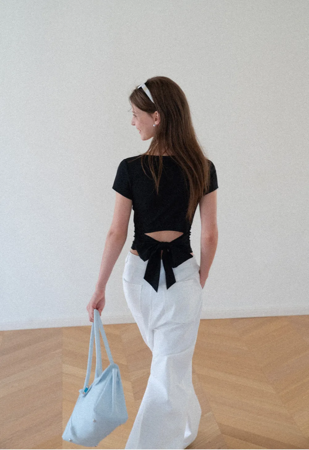Back Cutout Bow Tie Cropped Tshirt