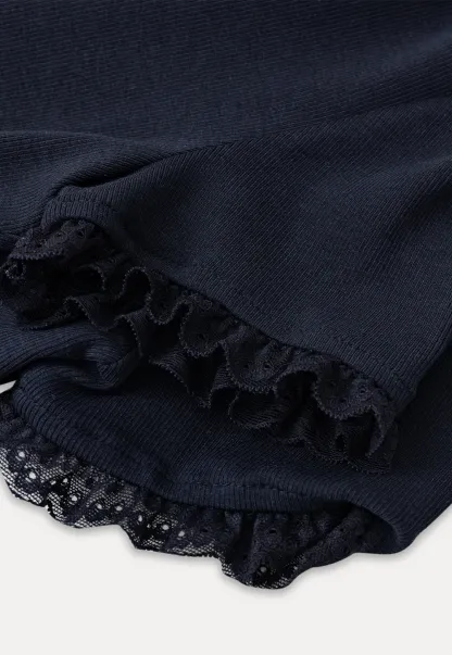 Cropped Ribbed Knit Top with Lace Trim and Flared Skirt