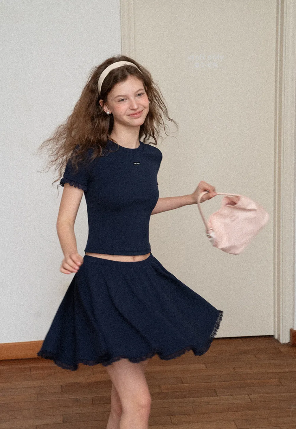 Cropped Ribbed Knit Top with Lace Trim and Flared Skirt