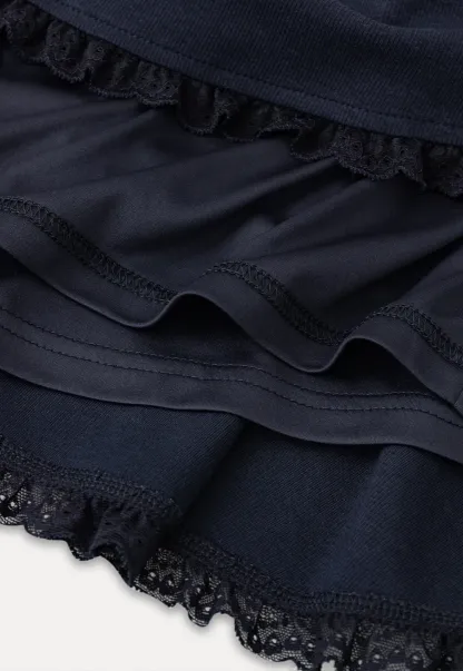 Cropped Ribbed Knit Top with Lace Trim and Flared Skirt
