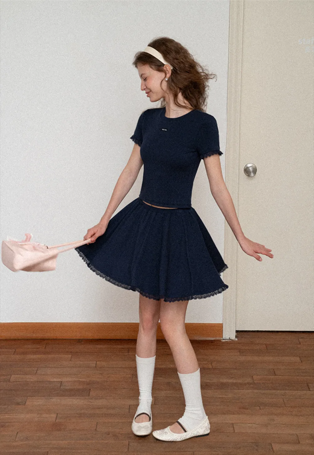 Cropped Ribbed Knit Top with Lace Trim and Flared Skirt