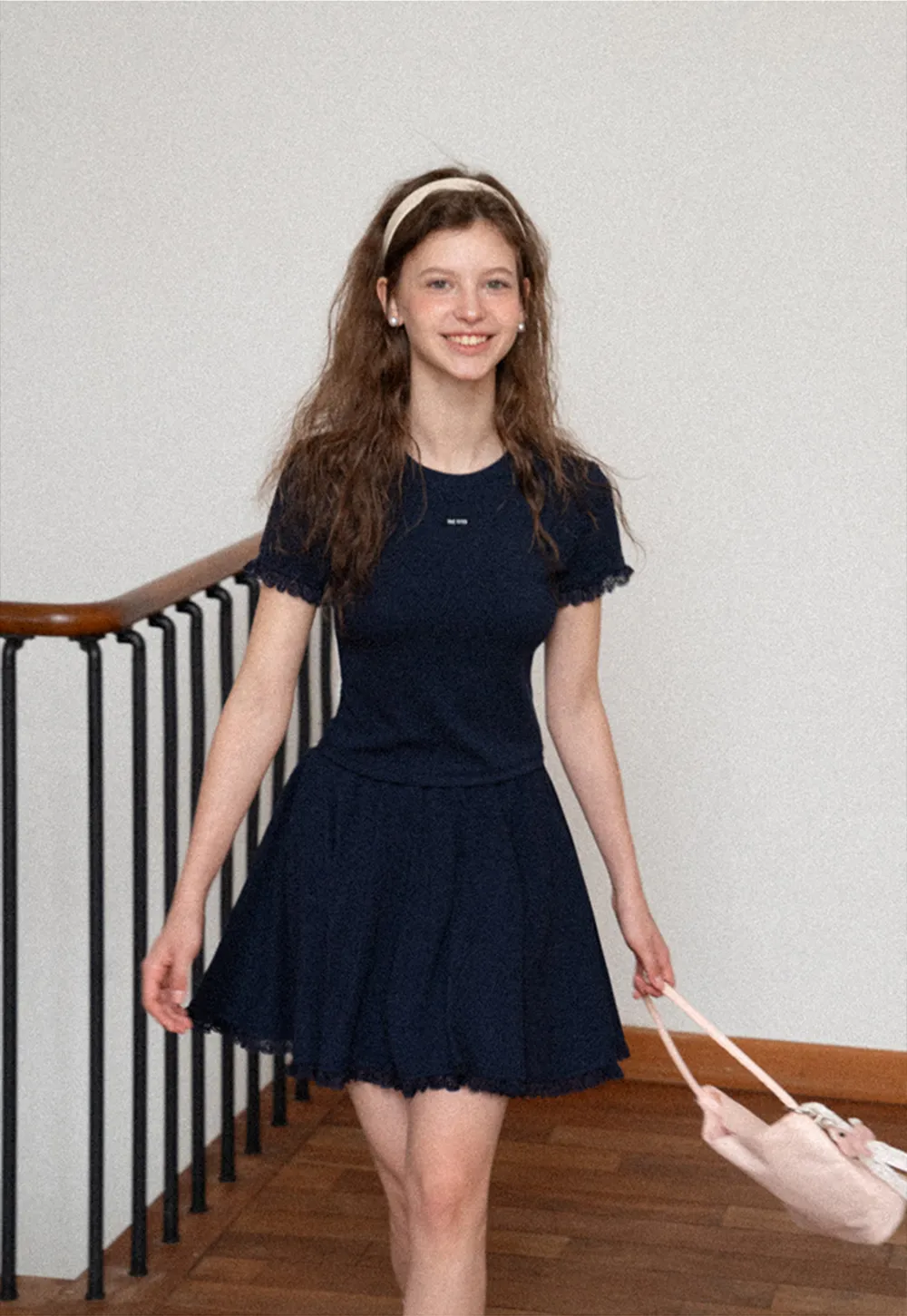 Cropped Ribbed Knit Top with Lace Trim and Flared Skirt