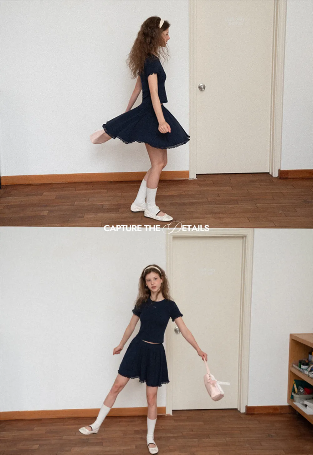 Cropped Ribbed Knit Top with Lace Trim and Flared Skirt