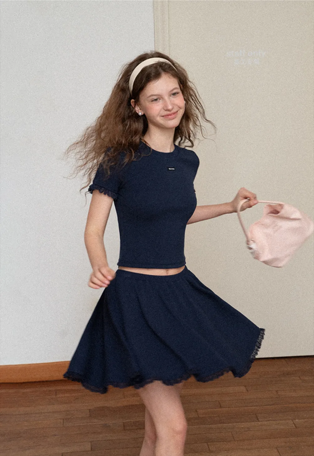 Cropped Ribbed Knit Top with Lace Trim and Flared Skirt