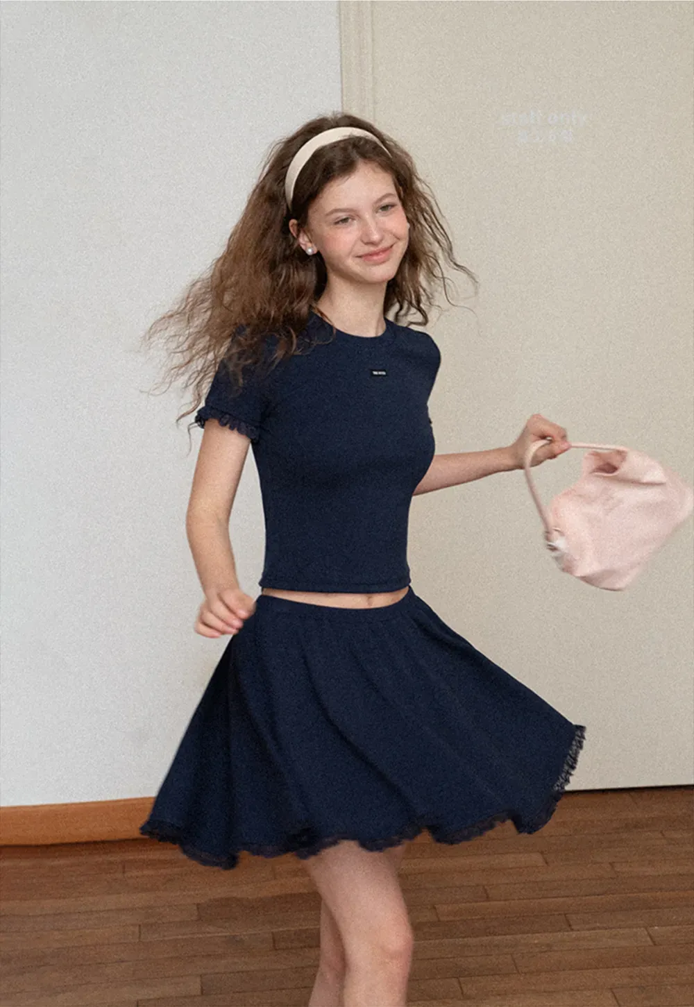 Cropped Ribbed Knit Top with Lace Trim and Flared Skirt
