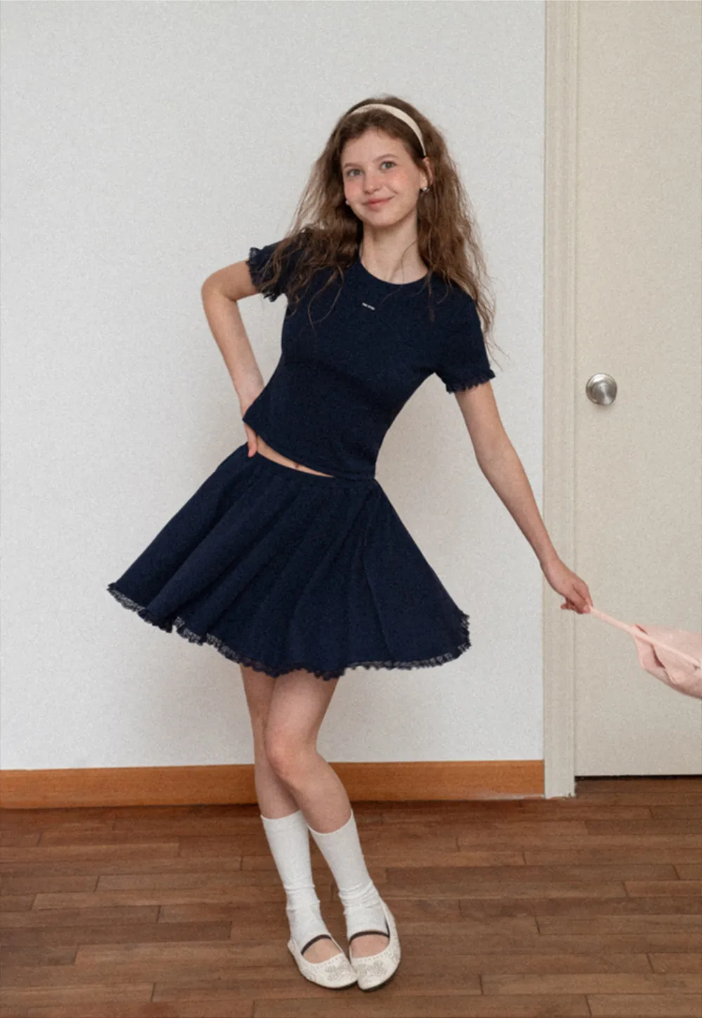 Cropped Ribbed Knit Top with Lace Trim and Flared Skirt