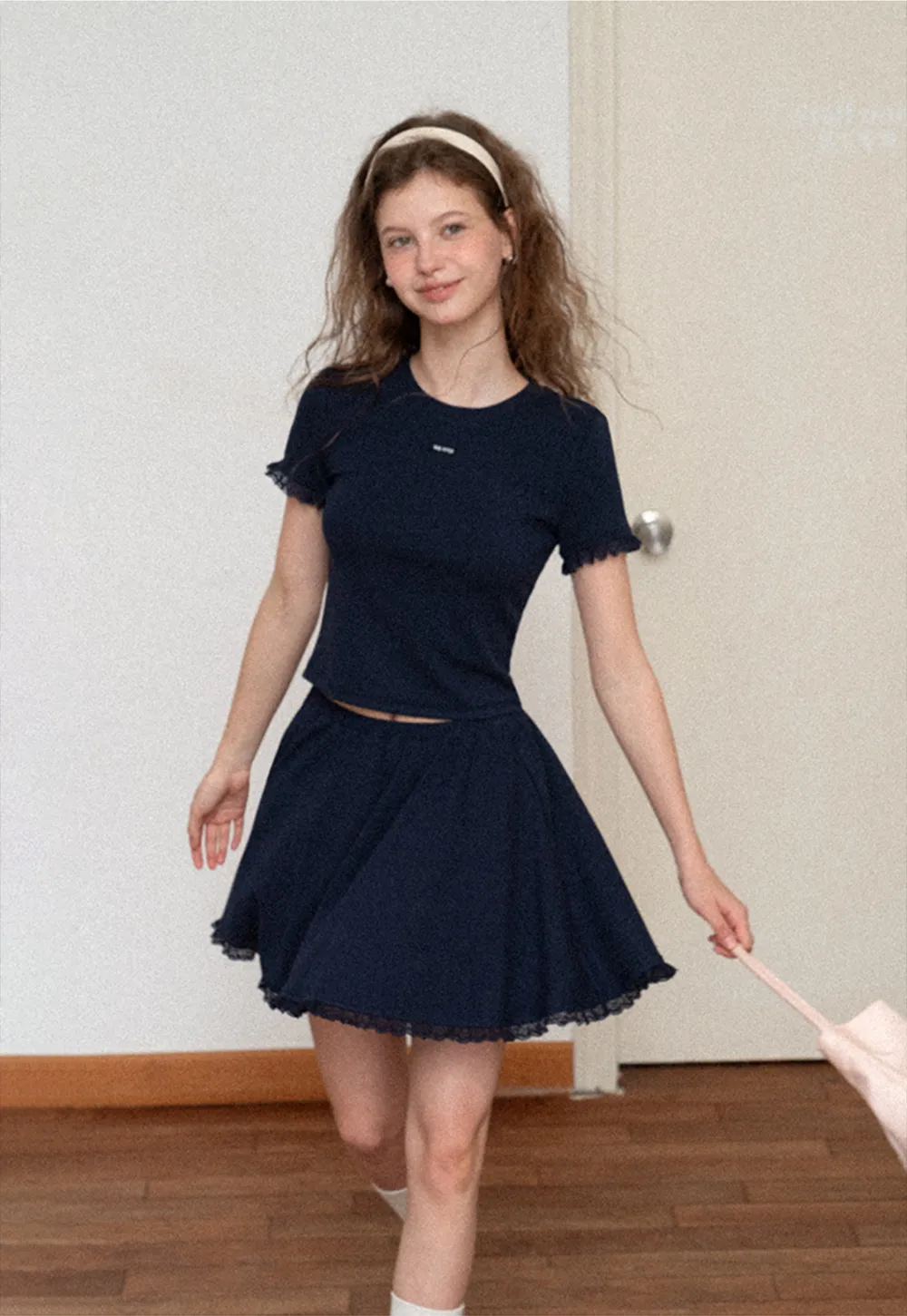 Cropped Ribbed Knit Top with Lace Trim and Flared Skirt