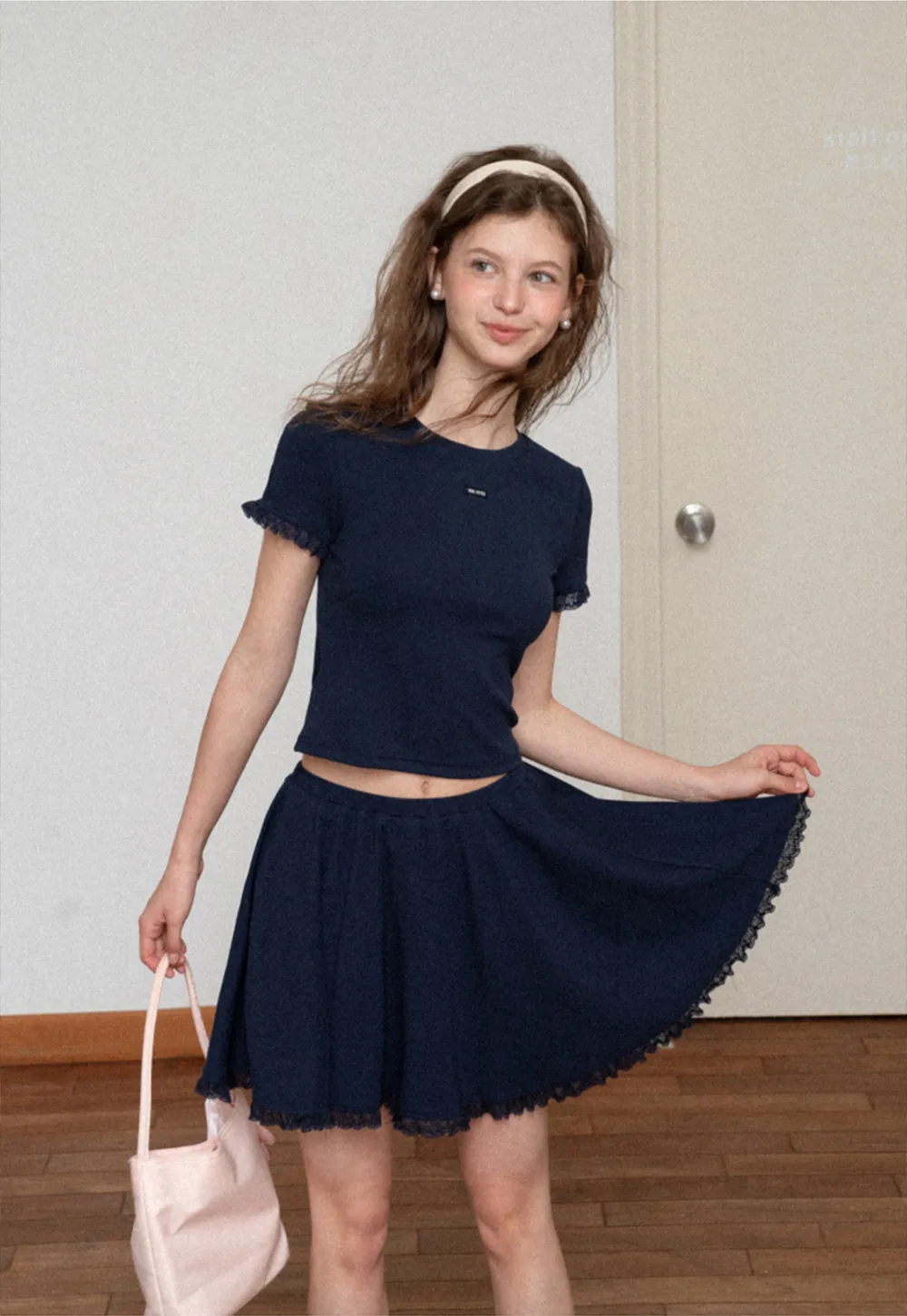 Cropped Ribbed Knit Top with Lace Trim and Flared Skirt