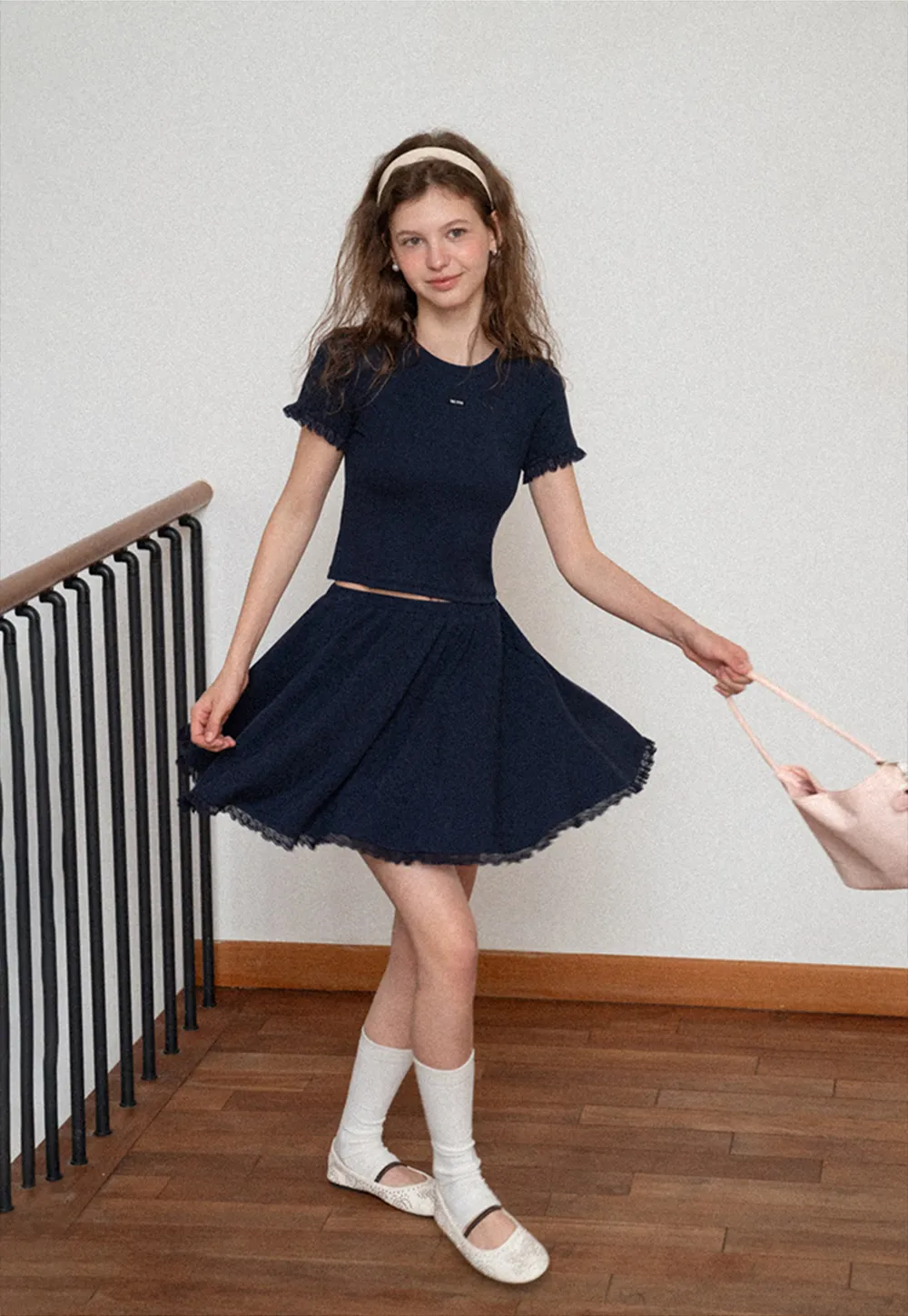 Cropped Ribbed Knit Top with Lace Trim and Flared Skirt
