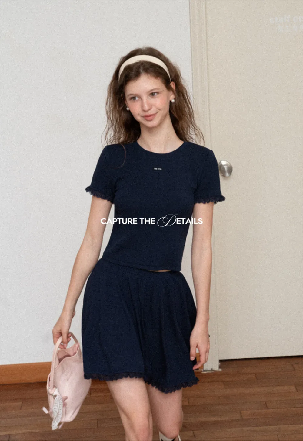Cropped Ribbed Knit Top with Lace Trim and Flared Skirt