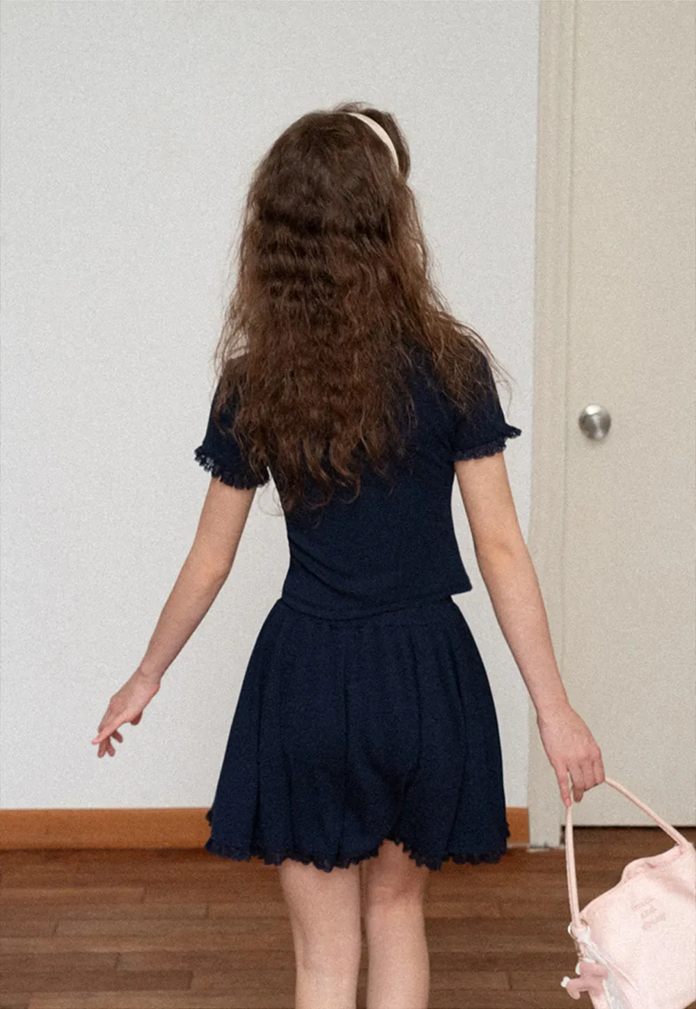 Cropped Ribbed Knit Top with Lace Trim and Flared Skirt