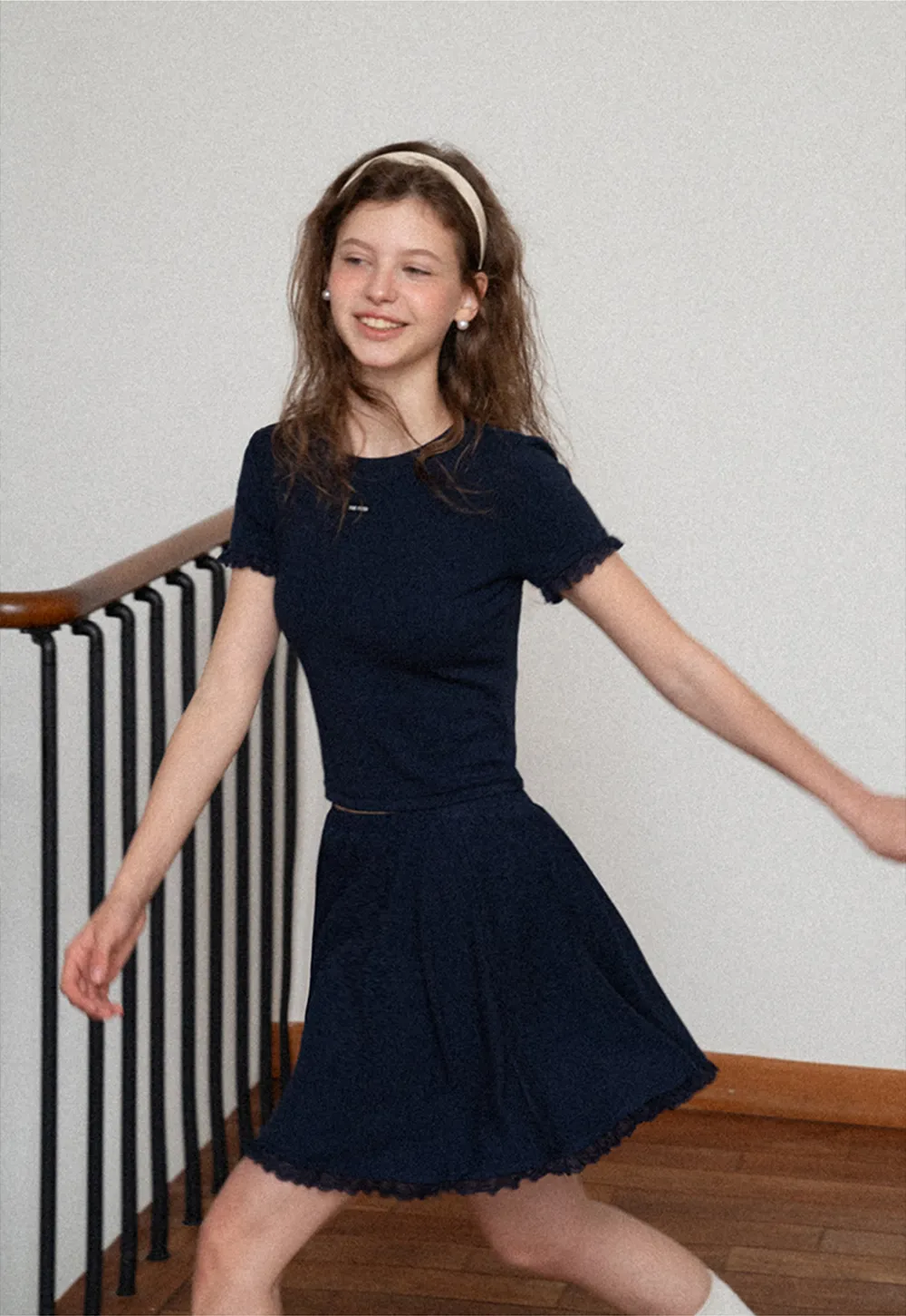 Cropped Ribbed Knit Top with Lace Trim and Flared Skirt