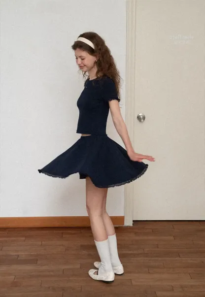 Cropped Ribbed Knit Top with Lace Trim and Flared Skirt