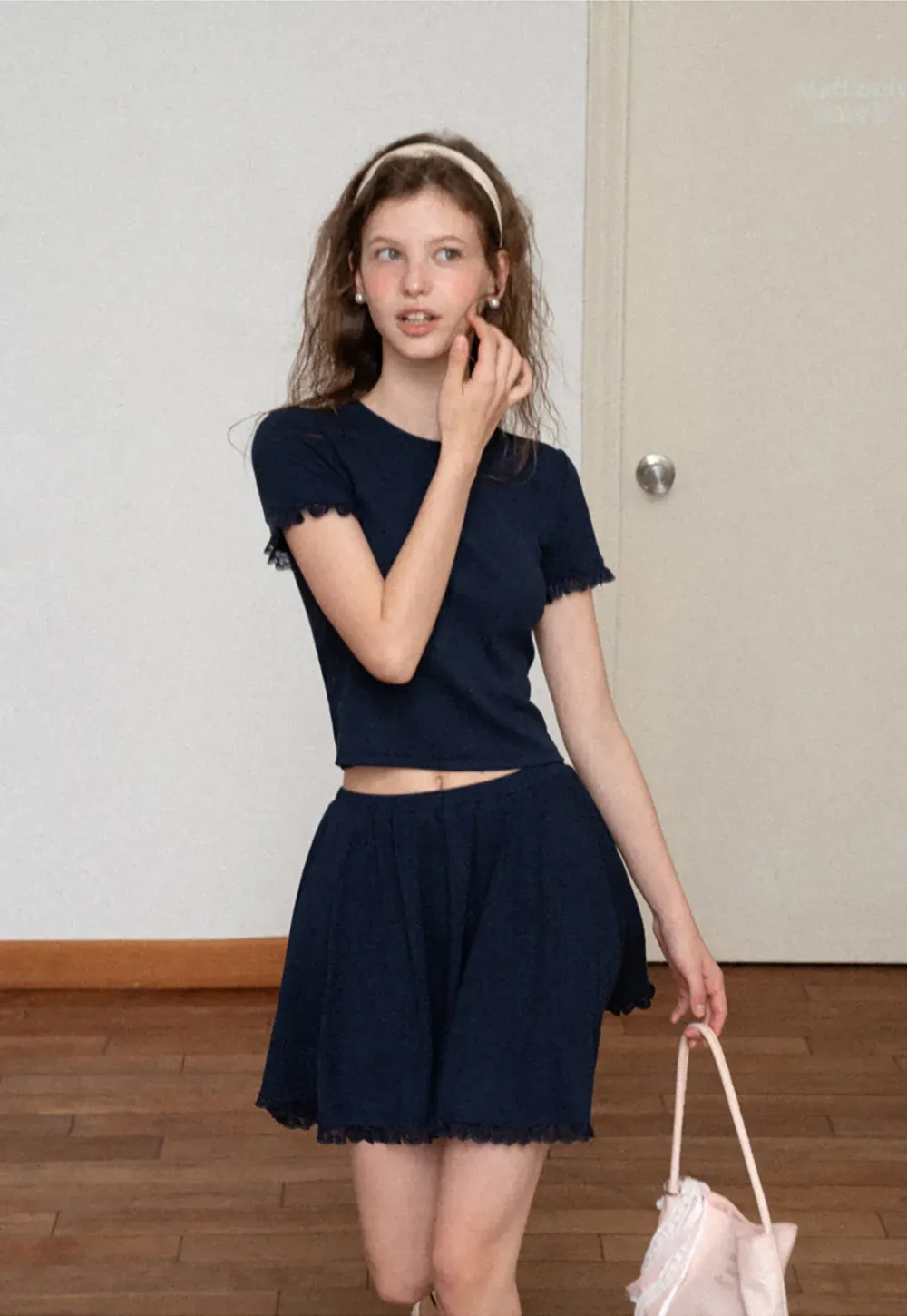 Cropped Ribbed Knit Top with Lace Trim and Flared Skirt