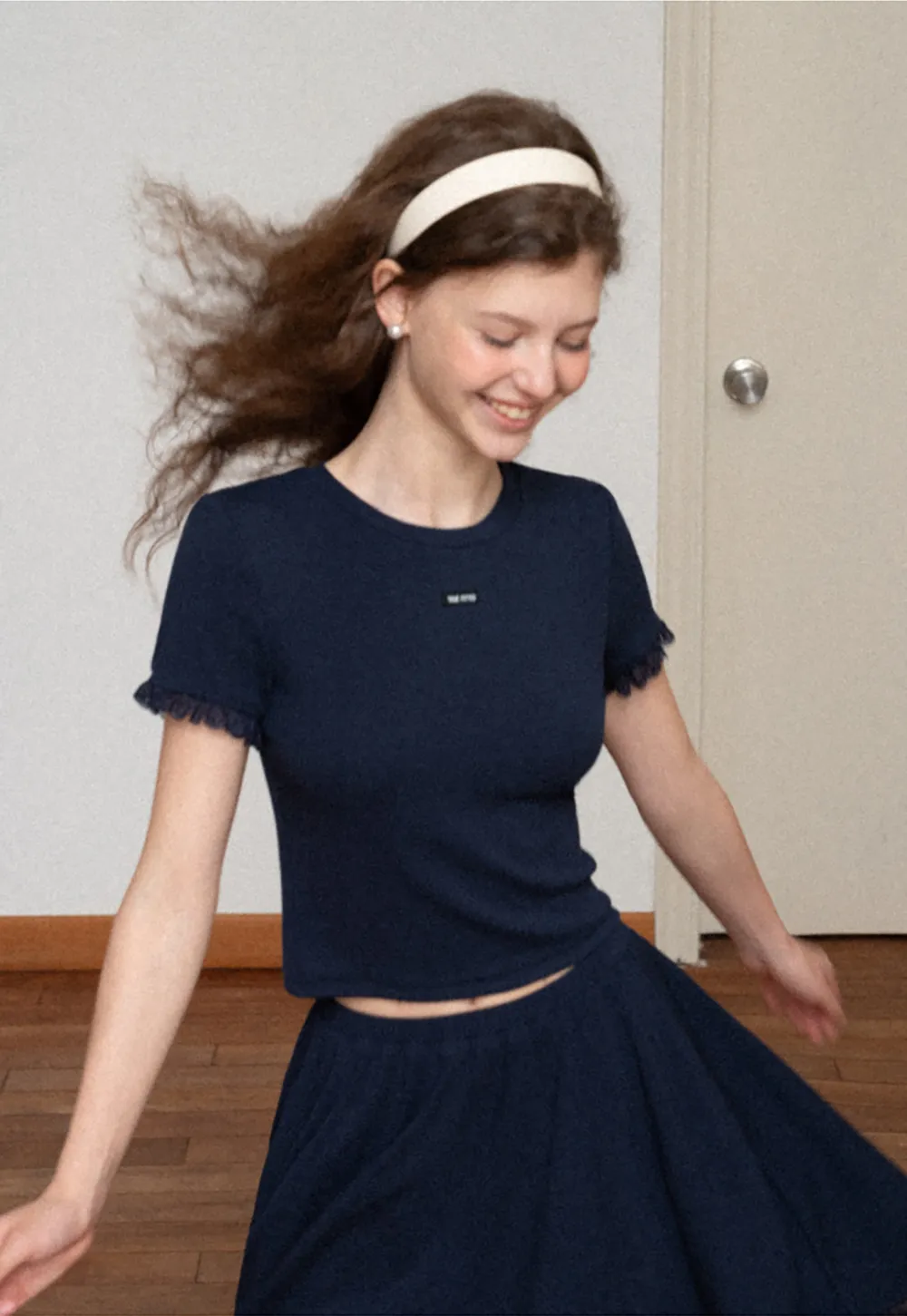 Cropped Ribbed Knit Top with Lace Trim and Flared Skirt