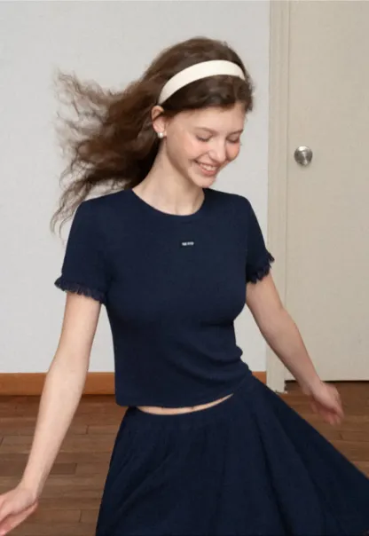 Cropped Ribbed Knit Top with Lace Trim and Flared Skirt