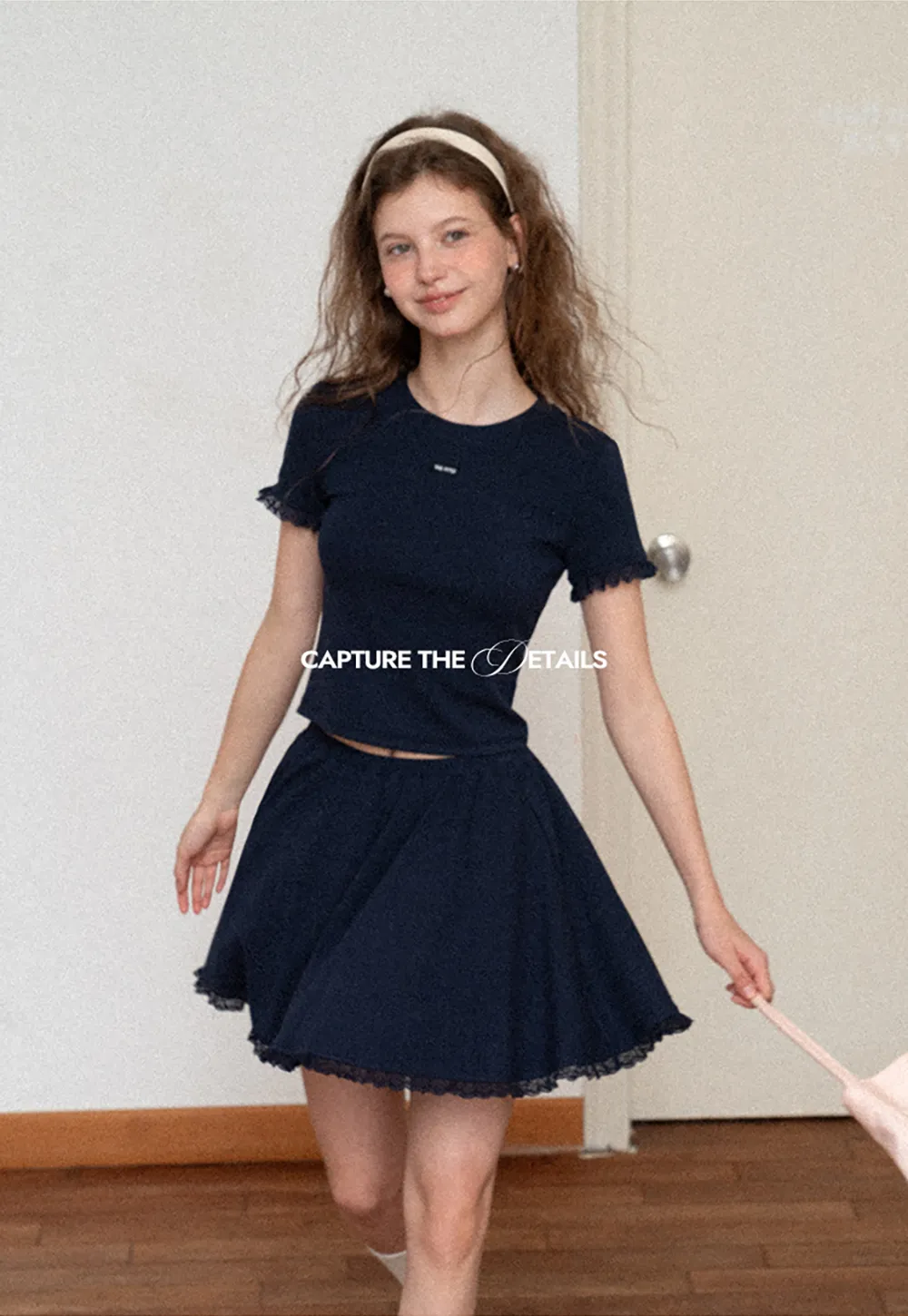 Cropped Ribbed Knit Top with Lace Trim and Flared Skirt