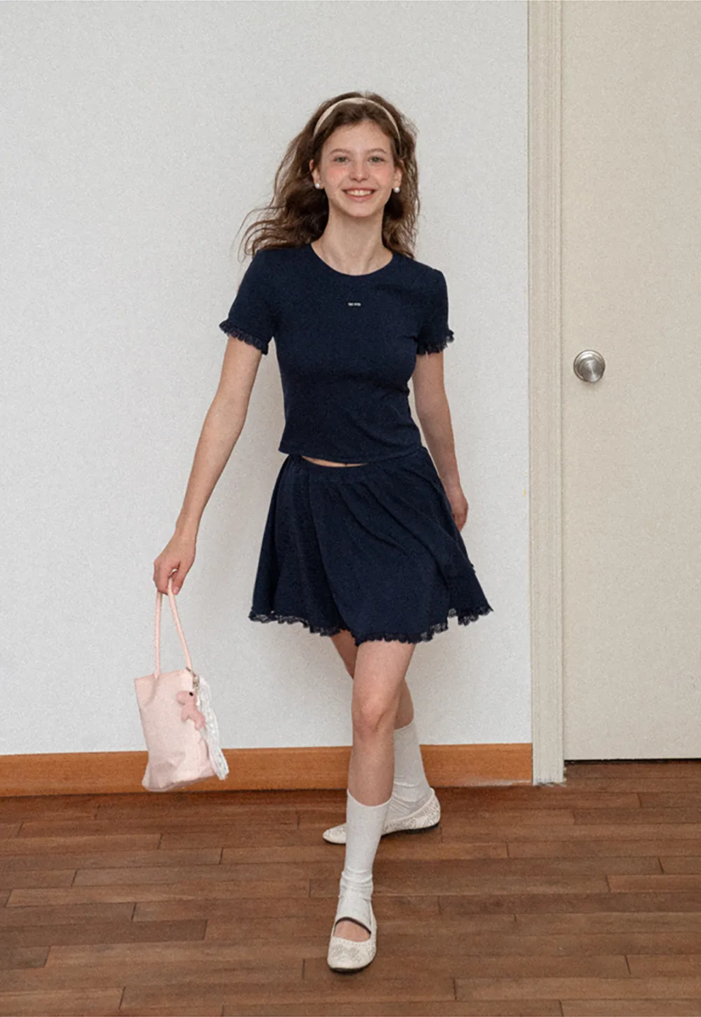 Cropped Ribbed Knit Top with Lace Trim and Flared Skirt