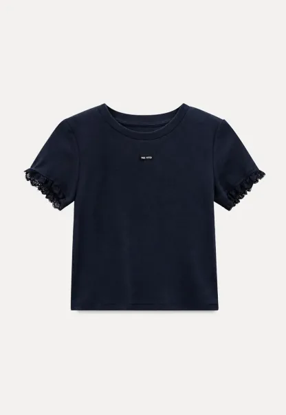 Cropped Ribbed Knit Top with Lace Trim and Flared Skirt