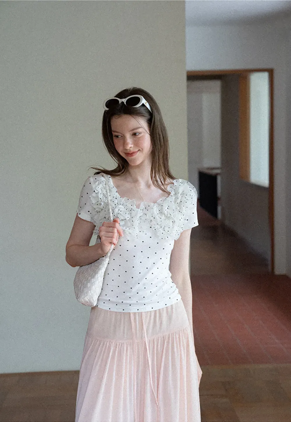 Ruffled Lace Trim Polka Dot Short Sleeve T Shirt