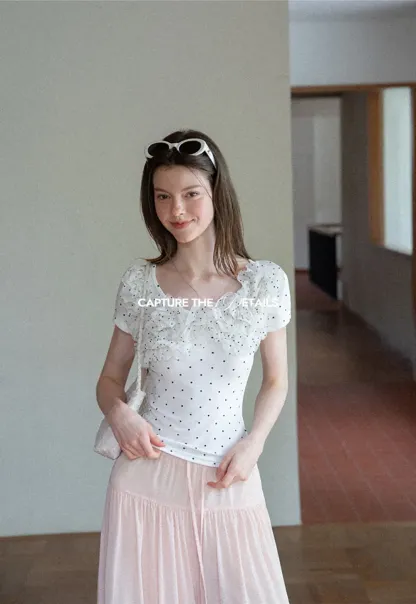 Ruffled Lace Trim Polka Dot Short Sleeve T Shirt