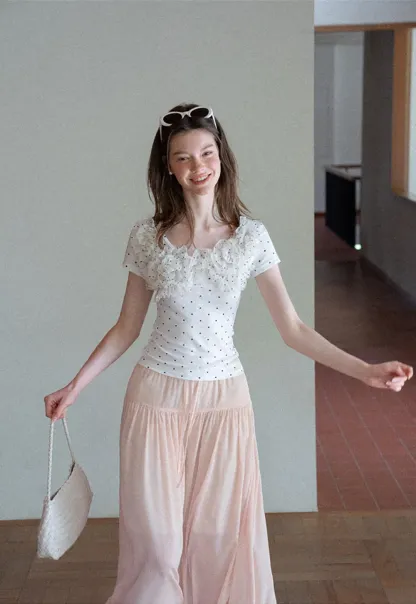 Ruffled Lace Trim Polka Dot Short Sleeve T Shirt