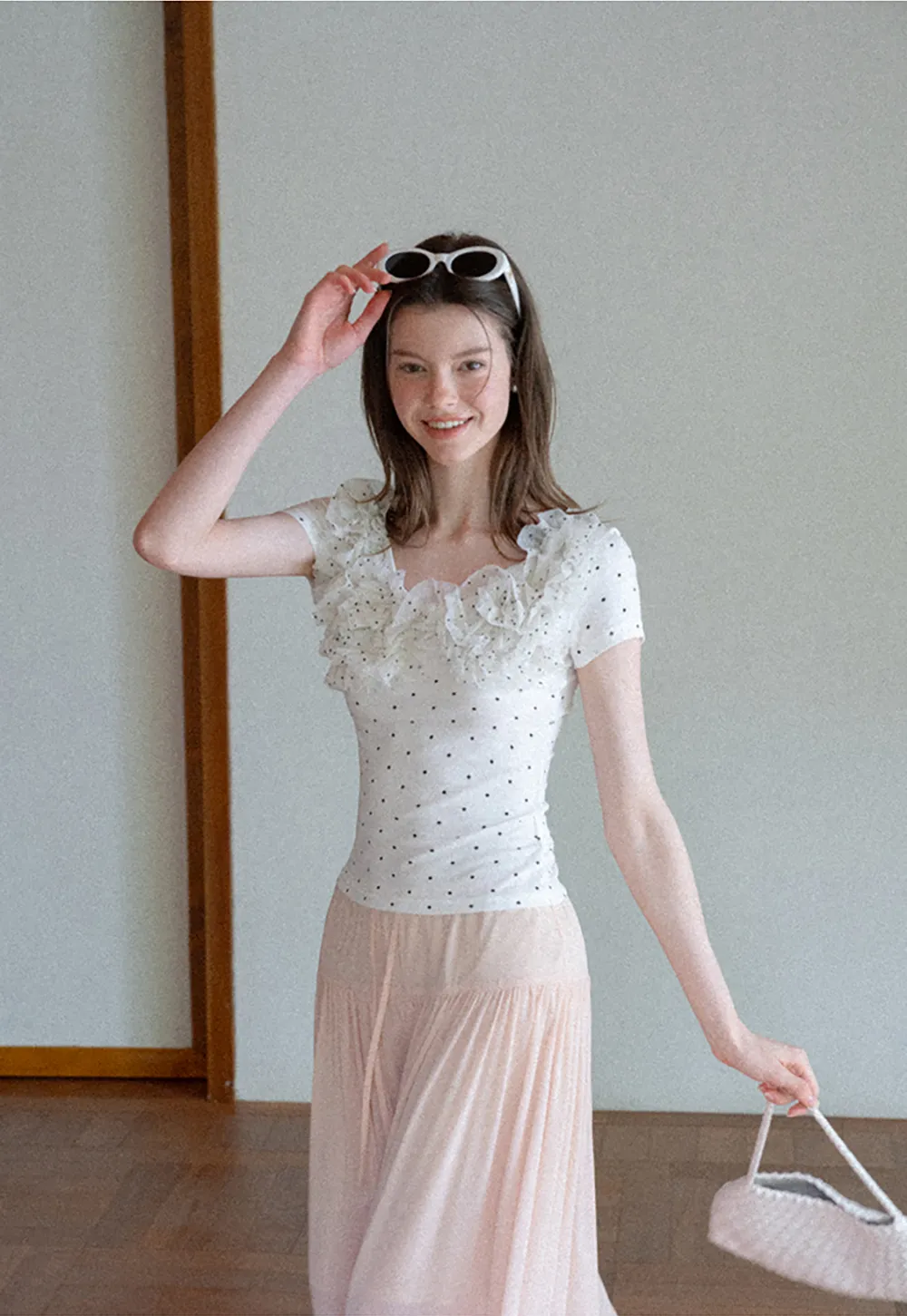 Ruffled Lace Trim Polka Dot Short Sleeve T Shirt