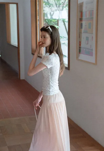 Ruffled Lace Trim Polka Dot Short Sleeve T Shirt