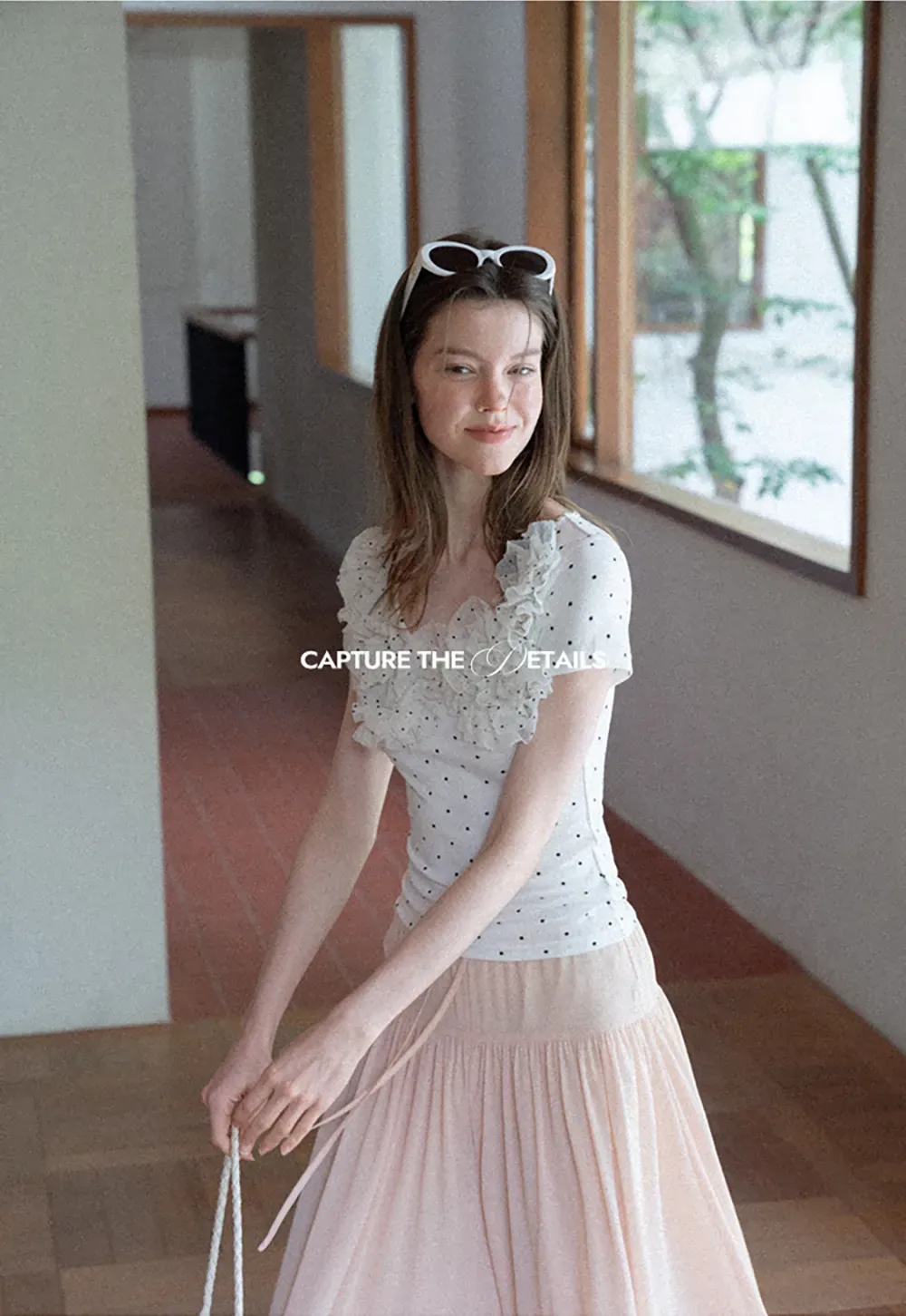 Ruffled Lace Trim Polka Dot Short Sleeve T Shirt