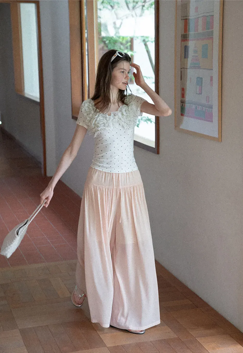 Ruffled Lace Trim Polka Dot Short Sleeve T Shirt
