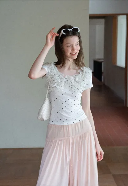 Ruffled Lace Trim Polka Dot Short Sleeve T Shirt