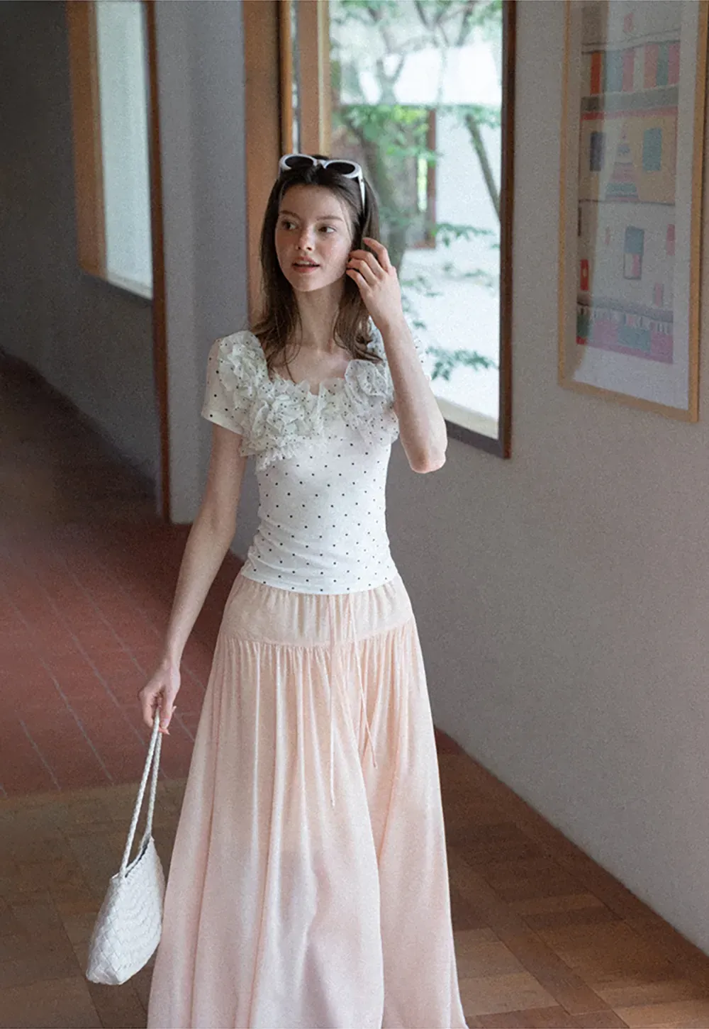 Ruffled Lace Trim Polka Dot Short Sleeve T Shirt