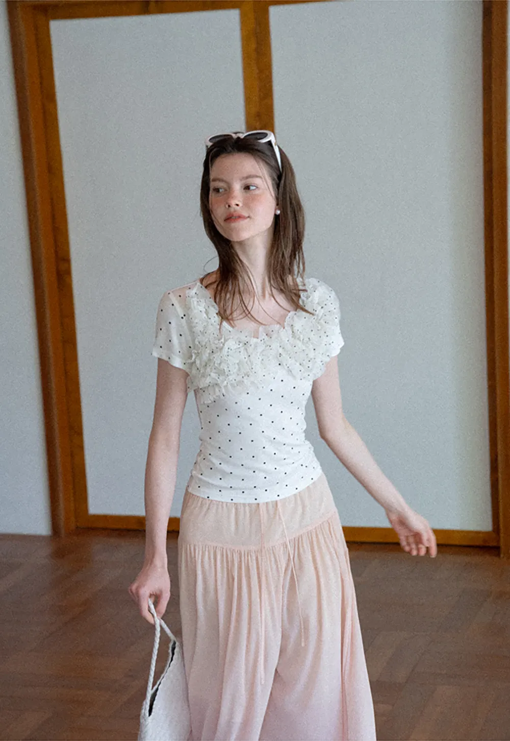 Ruffled Lace Trim Polka Dot Short Sleeve T Shirt