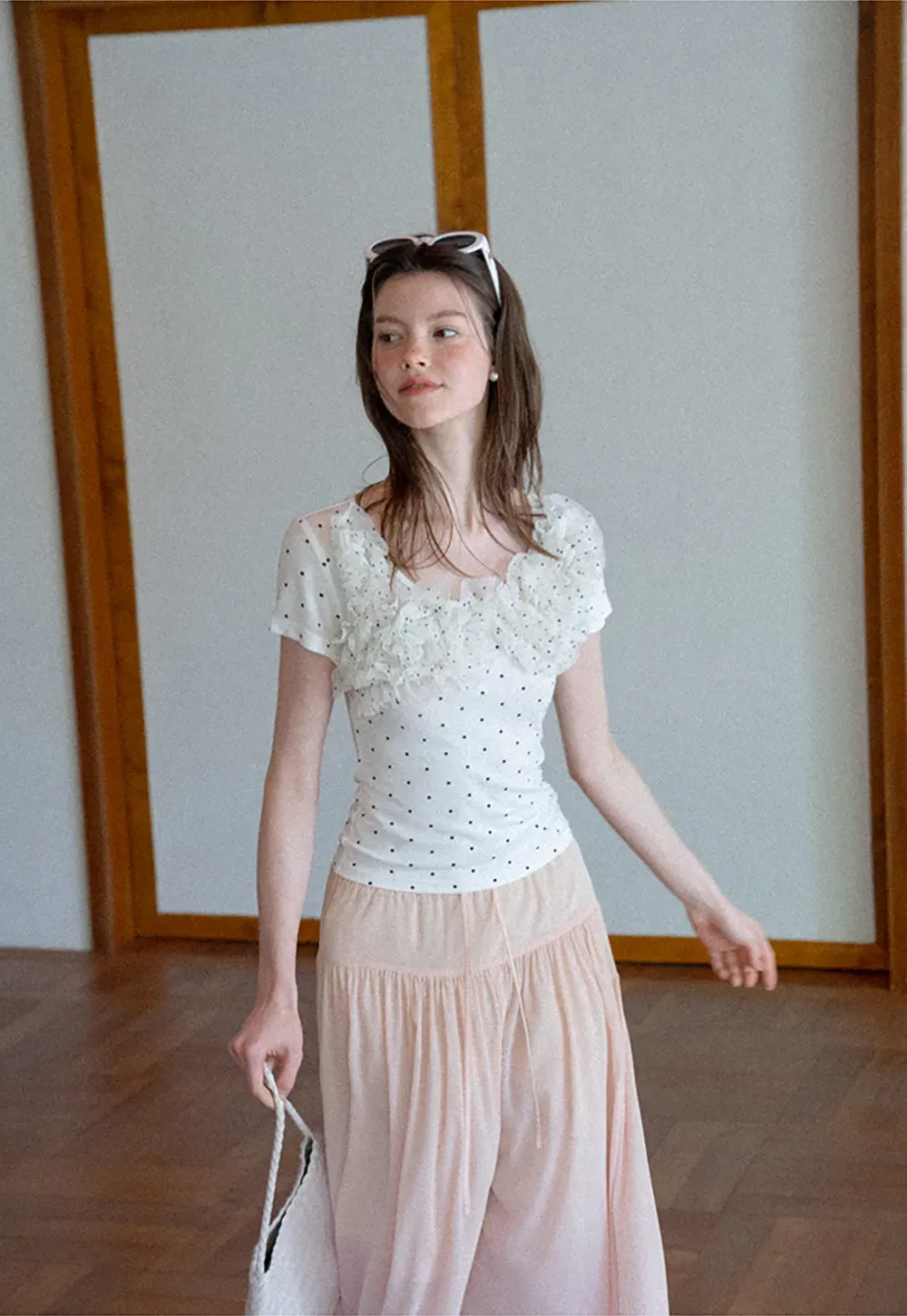 Ruffled Lace Trim Polka Dot Short Sleeve T Shirt