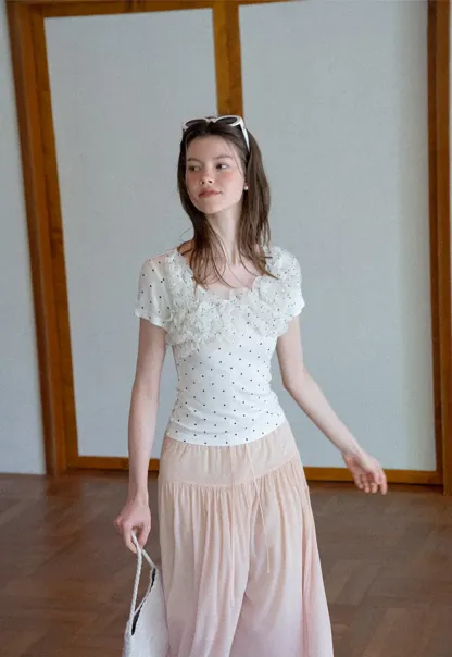 Ruffled Lace Trim Polka Dot Short Sleeve T Shirt
