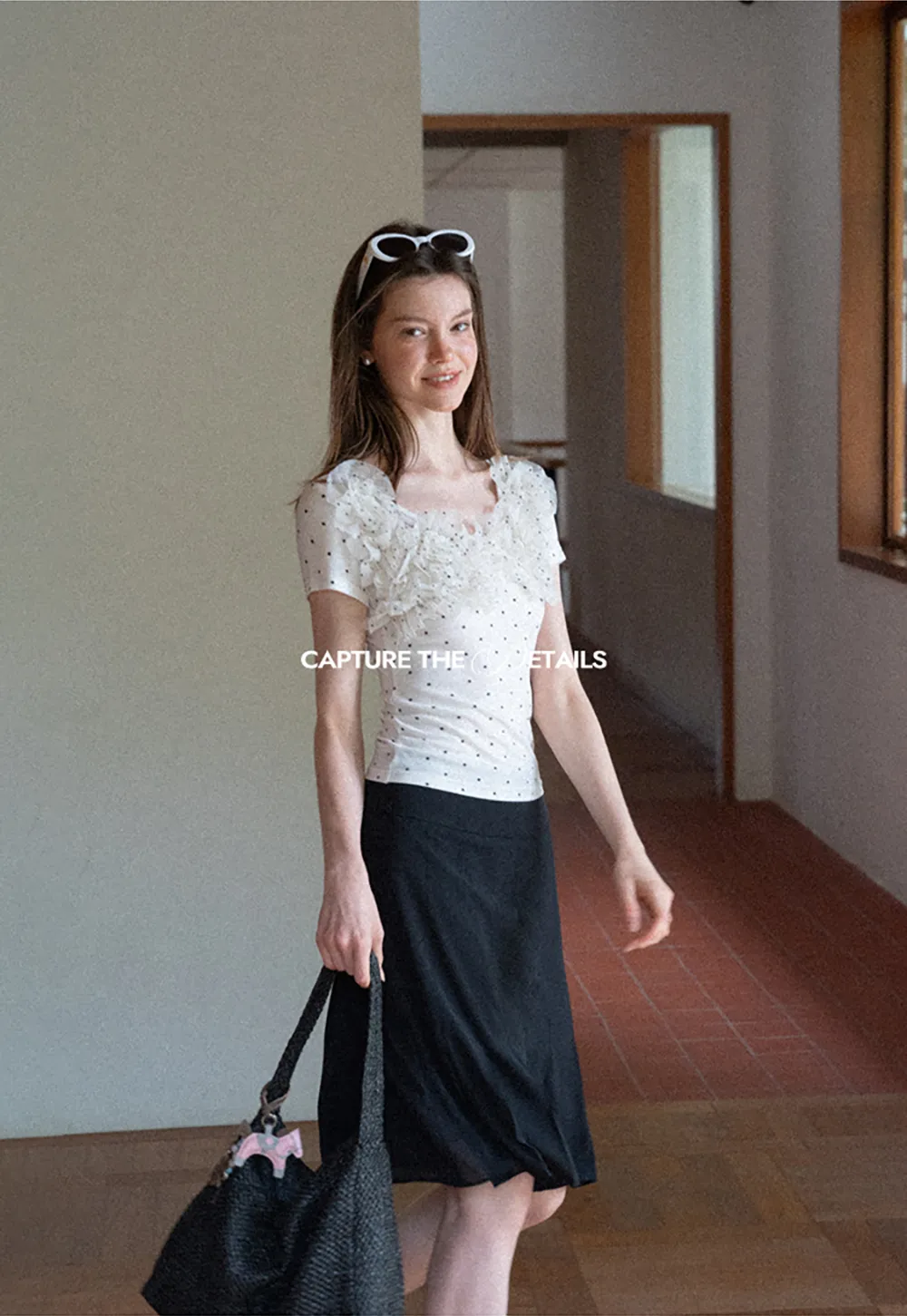 Ruffled Lace Trim Polka Dot Short Sleeve T Shirt