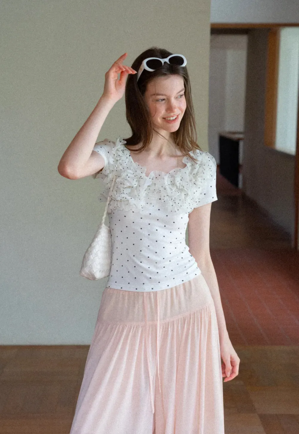 Ruffled Lace Trim Polka Dot Short Sleeve T Shirt