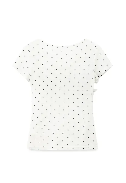 Ruffled Lace Trim Polka Dot Short Sleeve T Shirt