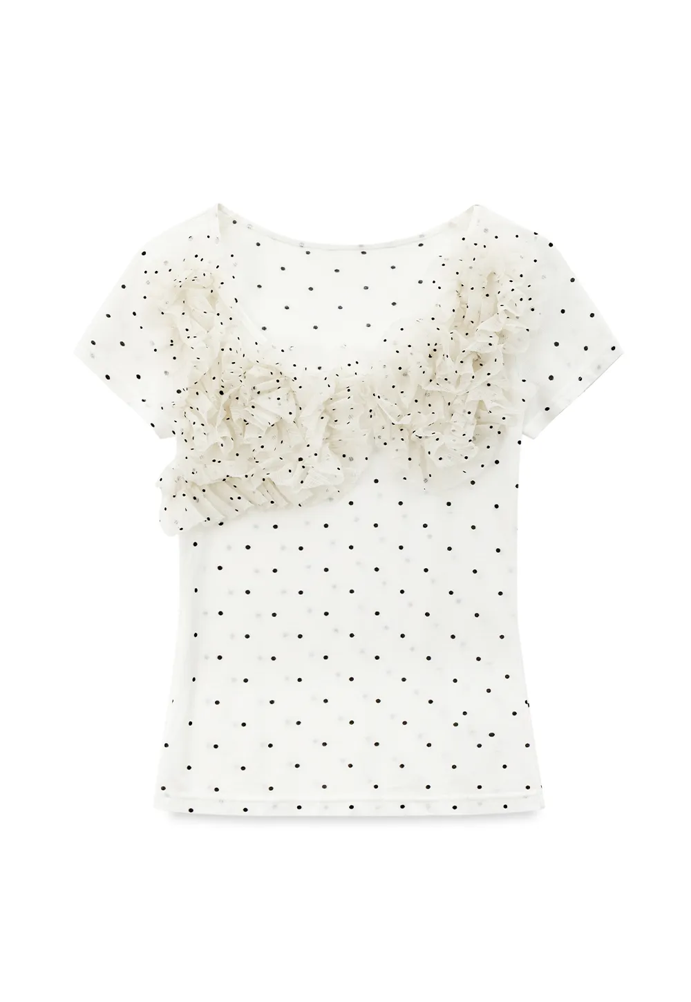 Ruffled Lace Trim Polka Dot Short Sleeve T Shirt