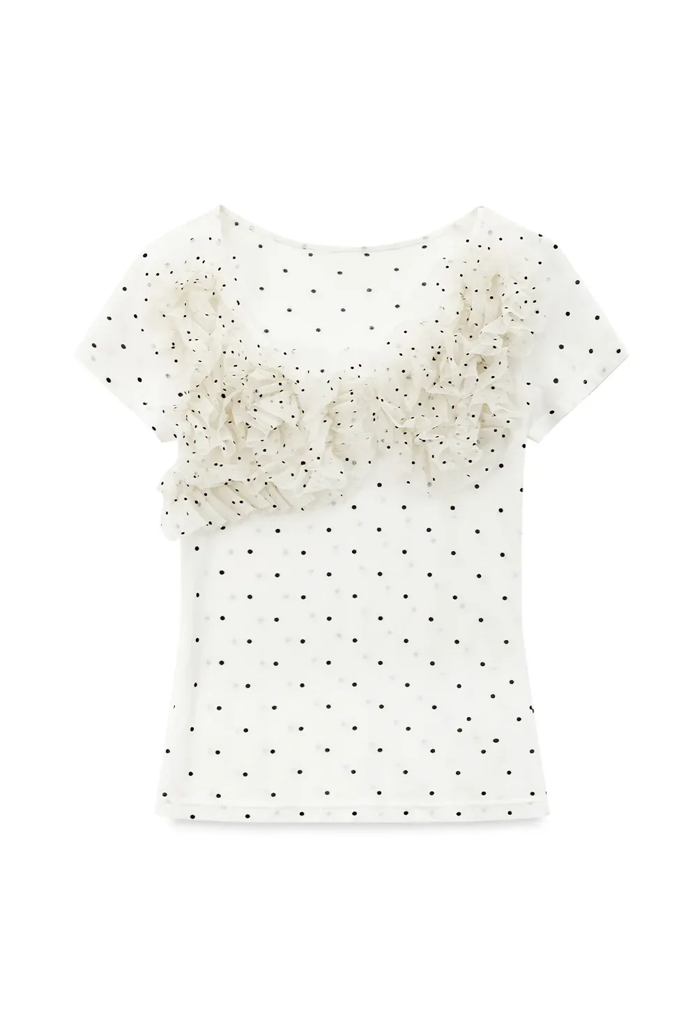 Ruffled Lace Trim Polka Dot Short Sleeve T Shirt