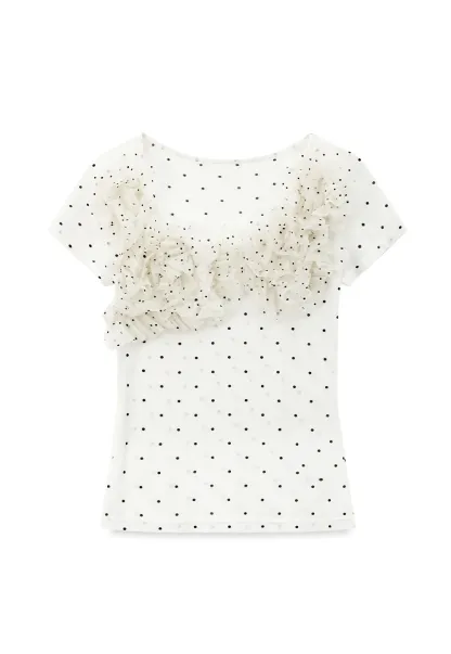 Ruffled Lace Trim Polka Dot Short Sleeve T Shirt