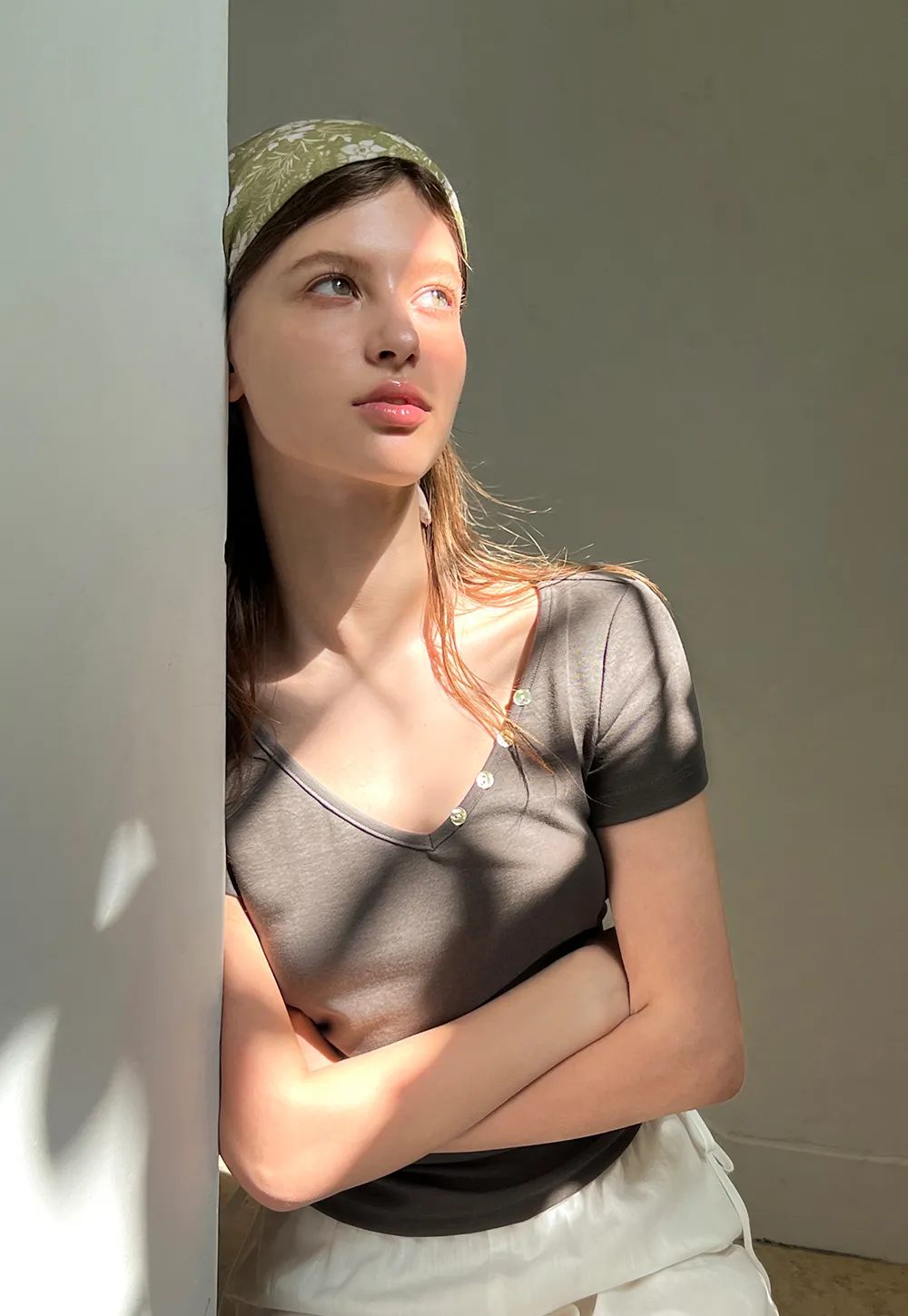 V Neck Short Sleeve Tshirt with Button Detail