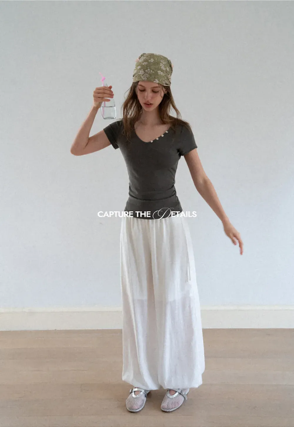 V Neck Short Sleeve Tshirt with Button Detail