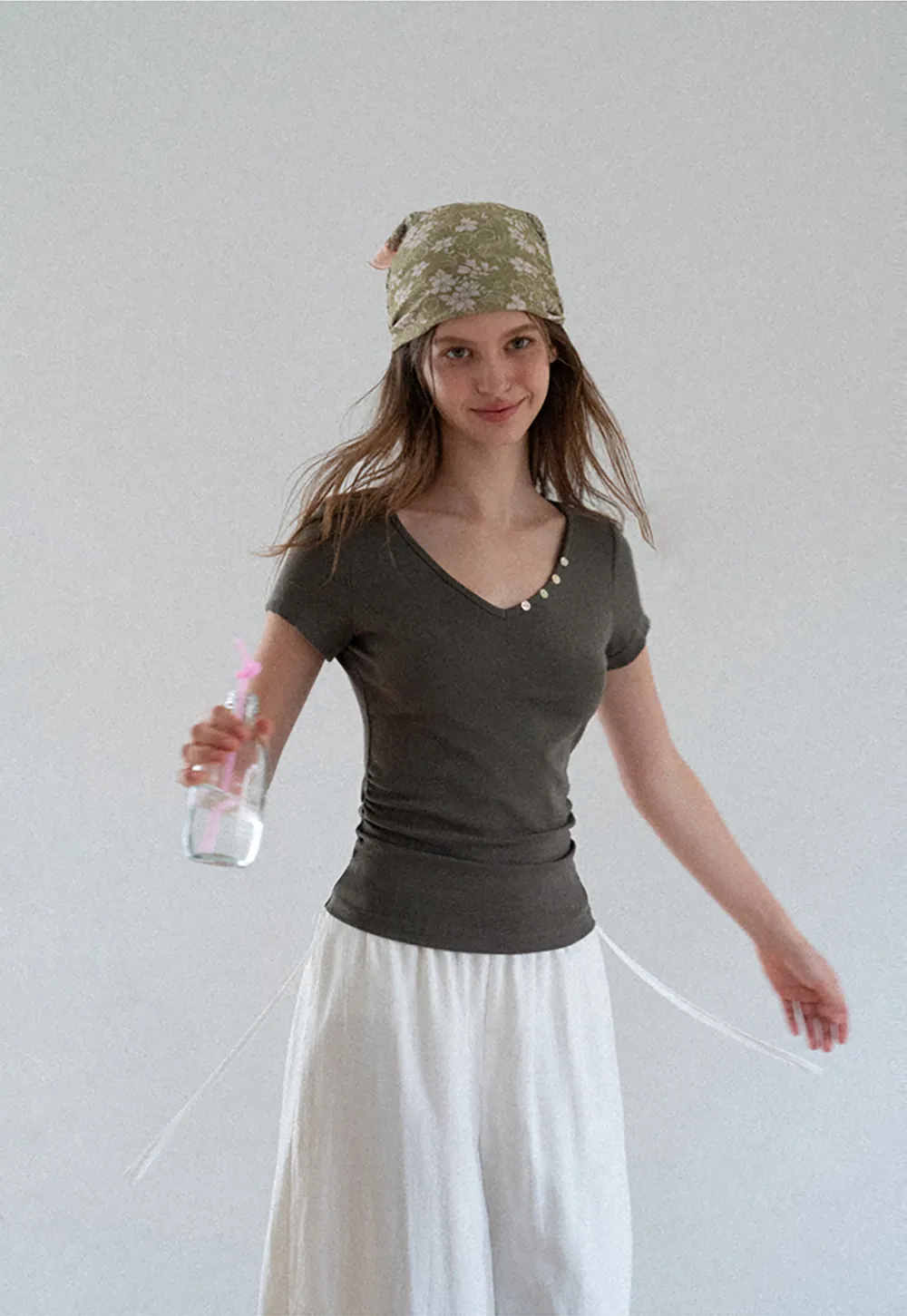 V Neck Short Sleeve Tshirt with Button Detail
