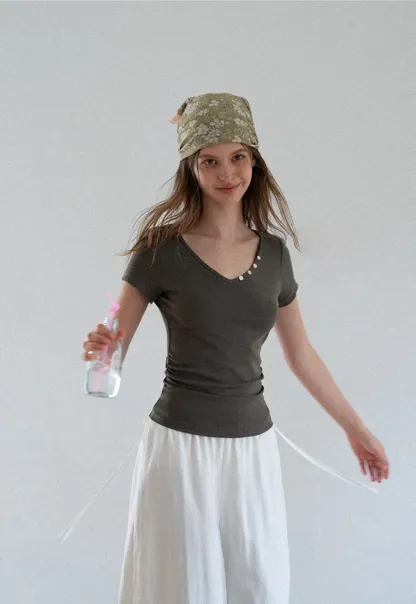 V Neck Short Sleeve Tshirt with Button Detail