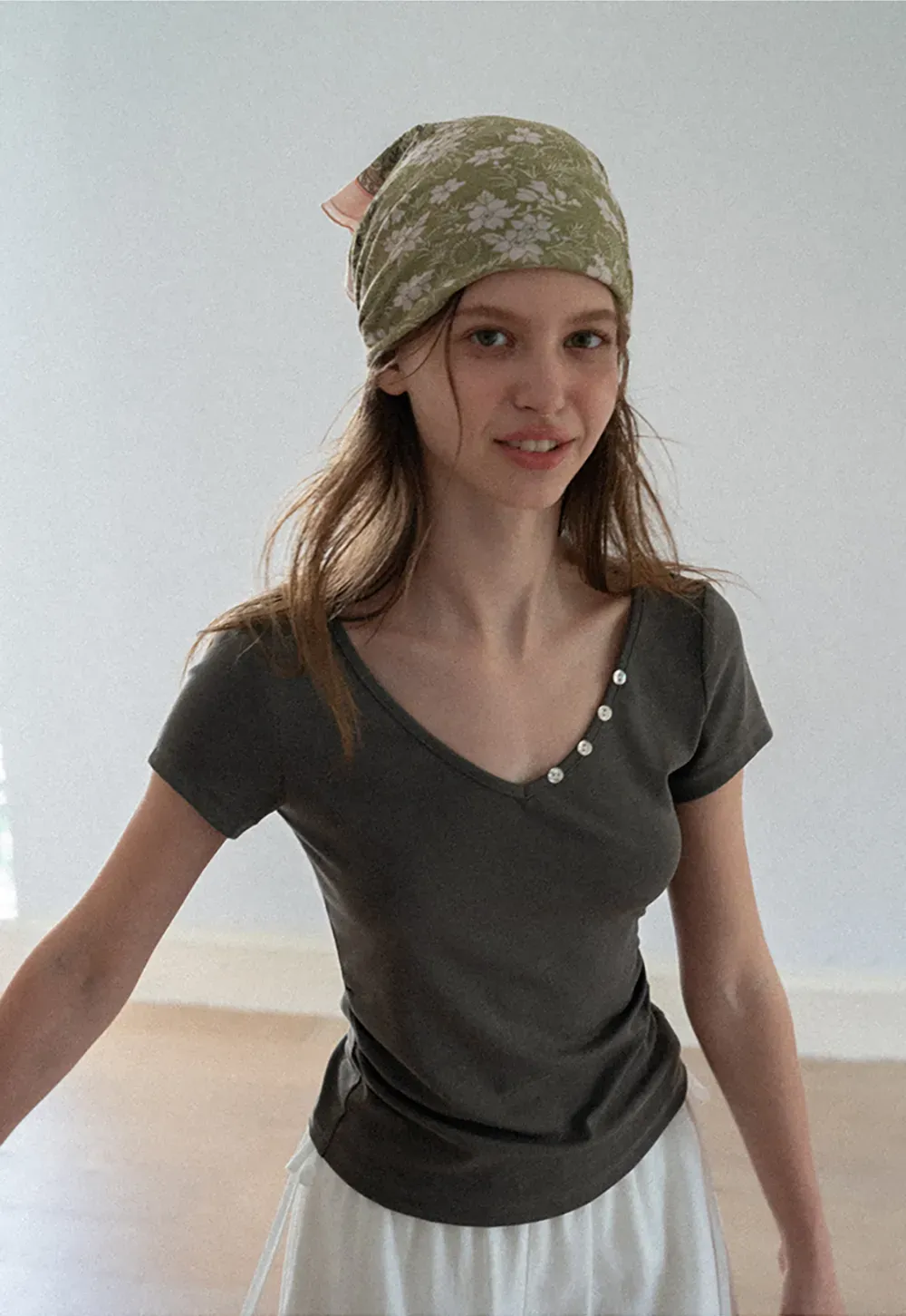 V Neck Short Sleeve Tshirt with Button Detail