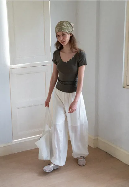 V Neck Short Sleeve Tshirt with Button Detail