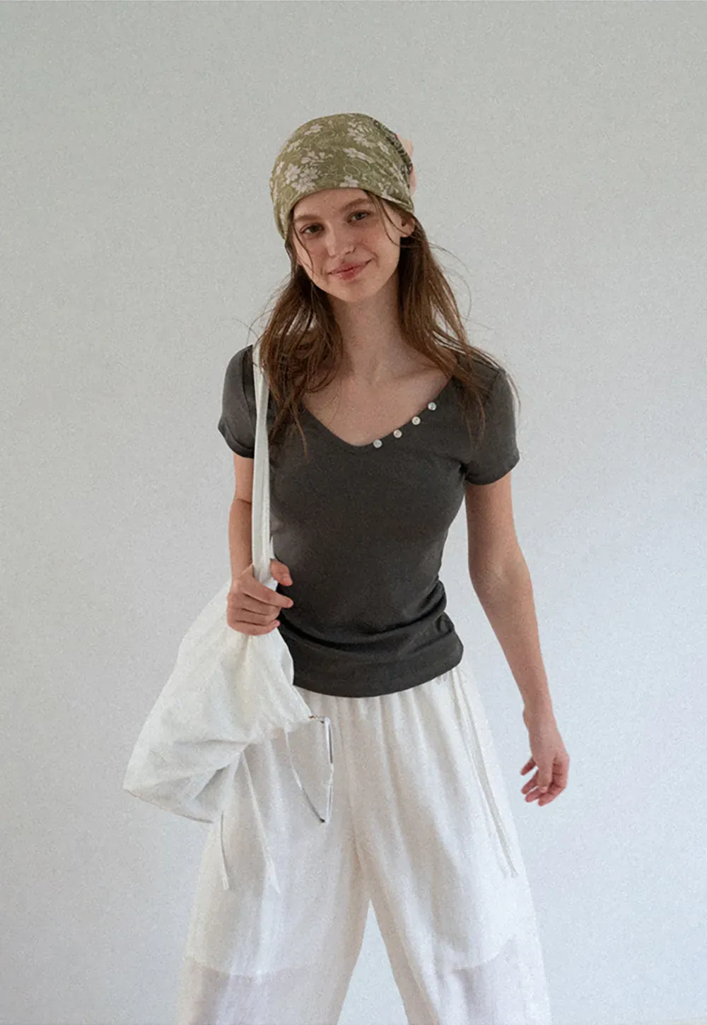 V Neck Short Sleeve Tshirt with Button Detail